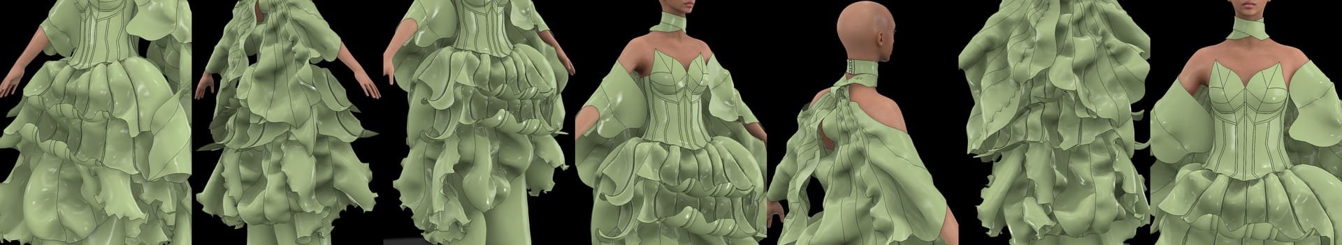 Multiple views of a green ruffled dress rendered in CLO3D